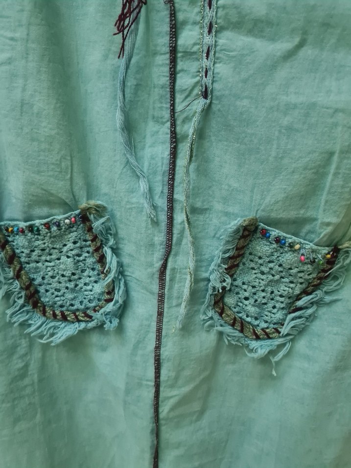 Turkuaz Nakışlı Bohem Keten Midi Elbise - Görsel 2