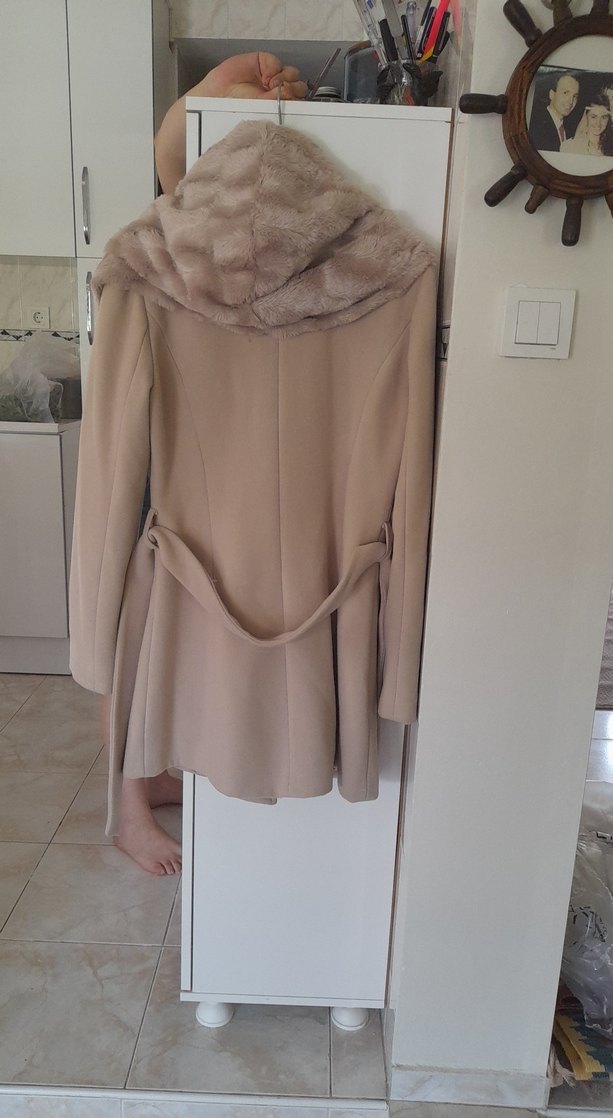 Klasik Bej Midi Kaban, Kürk Detaylı - Görsel 2