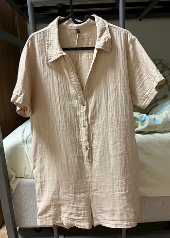 Bej Kısa Kollu Mini Keten Tulum - Görsel 2