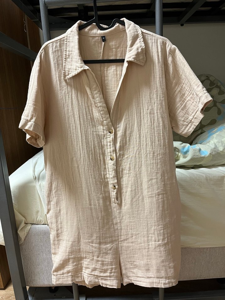 Bej Kısa Kollu Mini Keten Tulum - Görsel 2