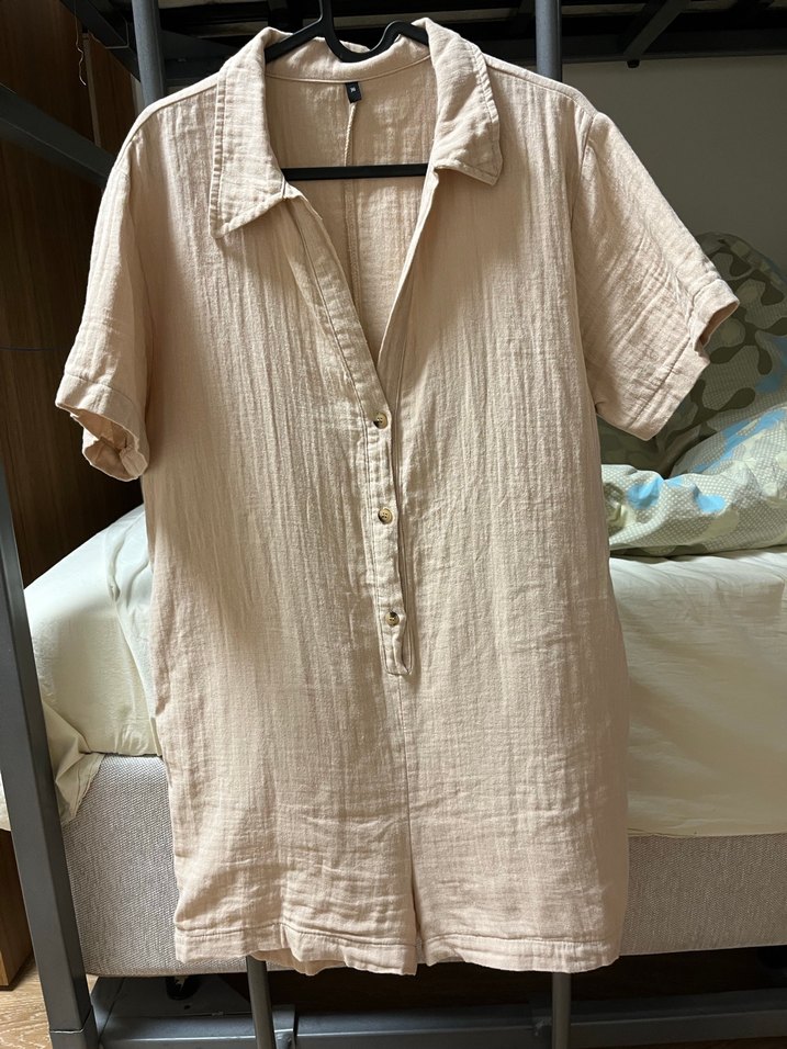 Bej Kısa Kollu Mini Keten Tulum - Görsel 3