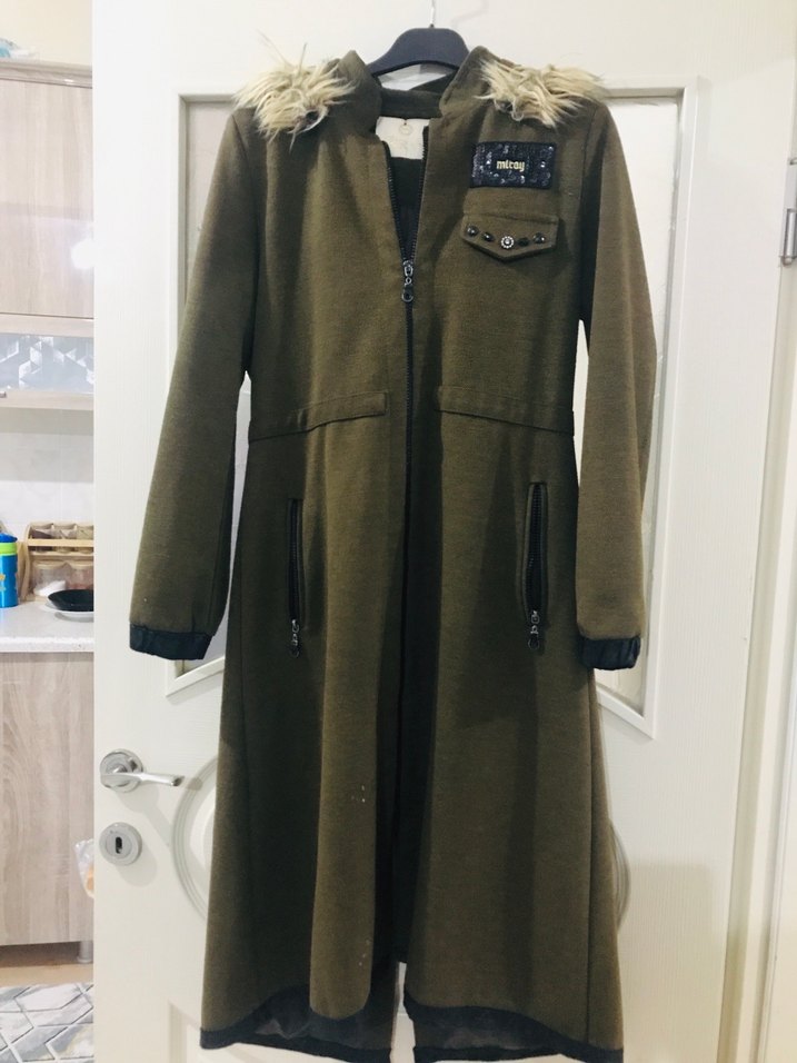 Kürklü Uzun Kahverengi Kamuflaj Kadın Kaban kaşe - Görsel 2