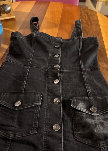 Siyah Düğmeli Denim Mini Tulum - Görsel 3