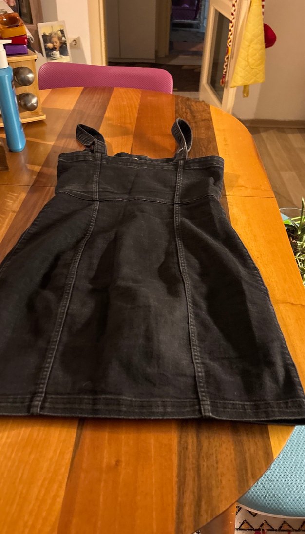 Siyah Düğmeli Denim Mini Tulum - Görsel 4