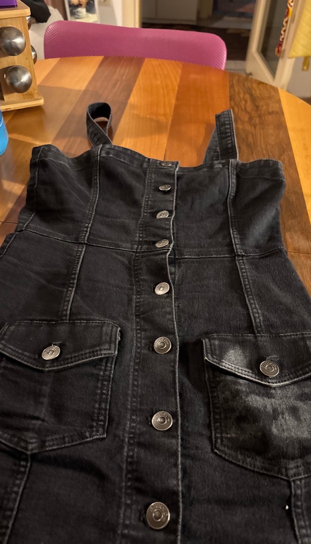 Siyah Düğmeli Denim Mini Tulum - Görsel 3