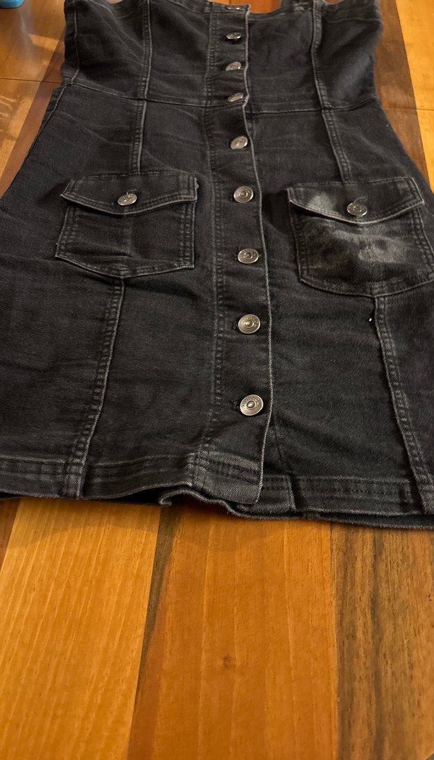 Siyah Düğmeli Denim Mini Tulum - Görsel 2