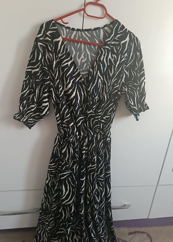 Diğer Bohem Siyah Gri Zebra Desenli Uzun Elbise