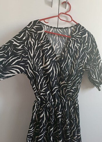 xs Beden Bohem Siyah Gri Zebra Desenli Uzun Elbise