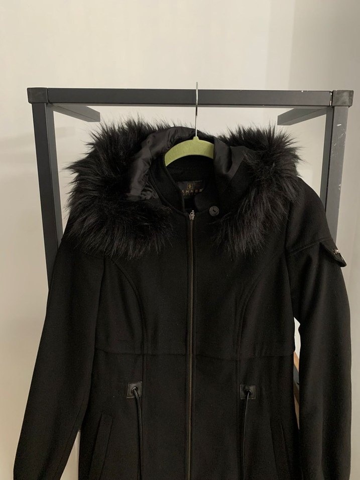 Kürk Detaylı Siyah Uzun Kadın Kaban - Görsel 2