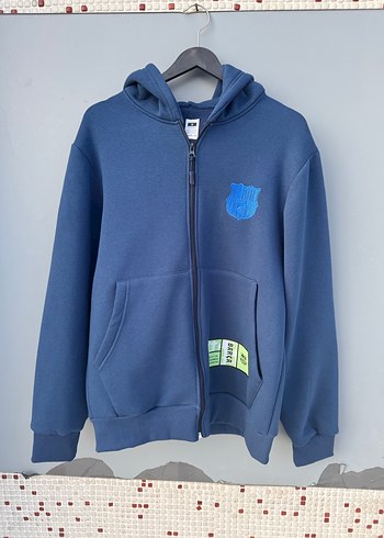 Erkek Mavi Kapüşonlu Fermuarlı Sweatshirt Hırka