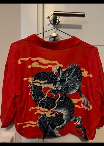 Bershka Bershka ejderha desenli kırmızı crop gömlek shein y2k vintage