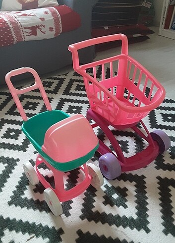 Oyuncak bebek arabasi ve alisveris sepeti