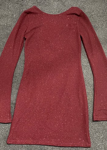 Bordo simli sırt dekolteli Uzun Kollu mini Abiye Elbise - Görsel 2