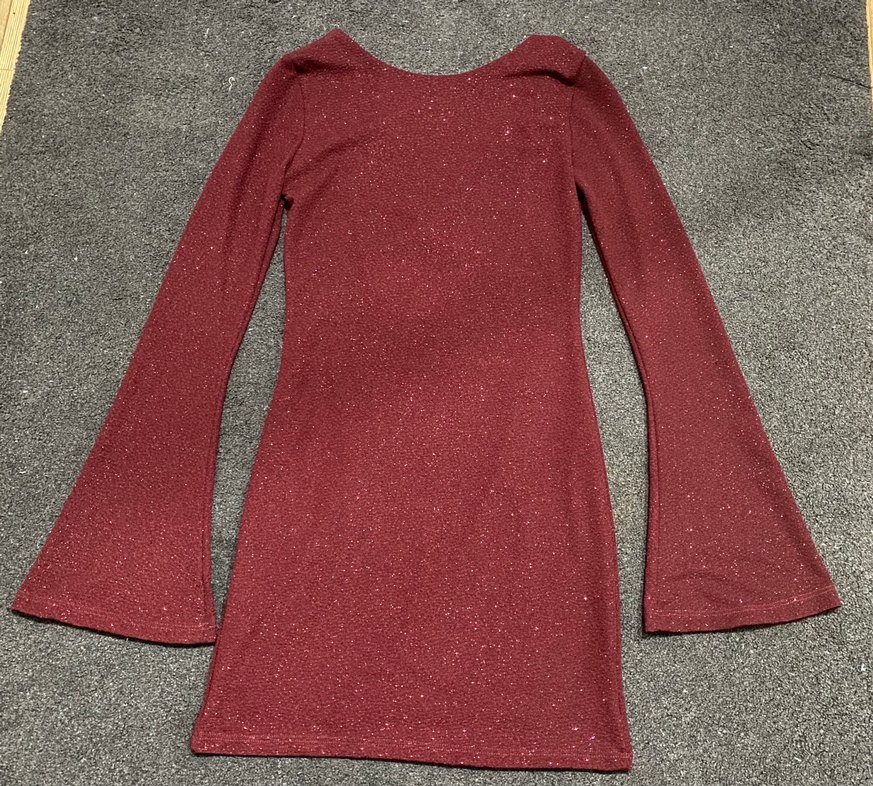 Bordo simli sırt dekolteli Uzun Kollu mini Abiye Elbise - Görsel 2