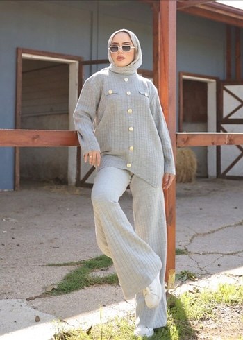 Gri triko Kadın Takım Yüksek Yaka - Görsel 2