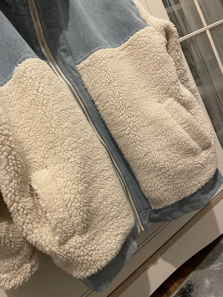 Peluş Detaylı kot-Beyaz Kadın Ceket - Görsel 4