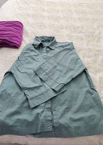 38 Beden mor Renk Gri Midi Boy Loose Fit Gömlek