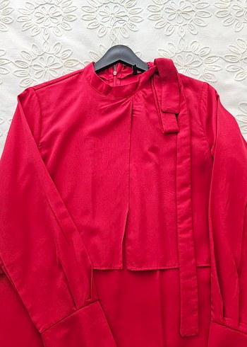 38 Beden Kadın Kırmızı Uzun Kollu Minimalist Elbise