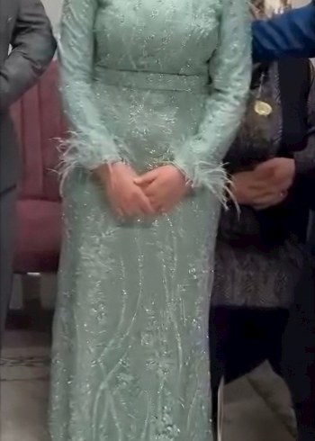 Abiye Yeşil İşlemeli Boncuklu Uzun Abiye Elbise