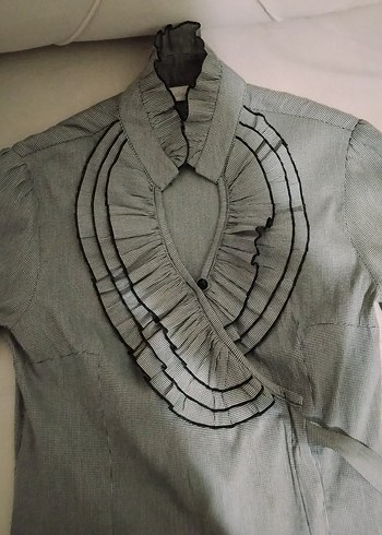 Çizgili, Pileli, Uzun Kollu Kadın Gömlek - Görsel 4