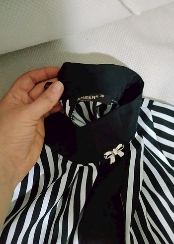 Çizgili, Pileli, Uzun Kollu Kadın Gömlek - Görsel 2