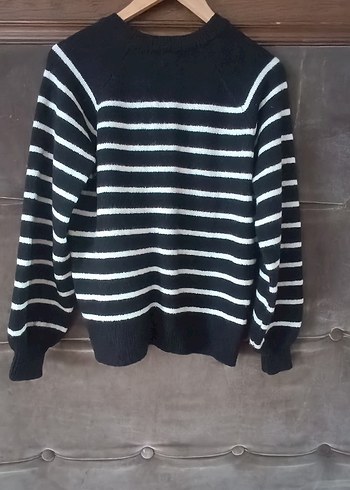 Düğmeli Çizgili Siyah Kadın Triko Kazak - Görsel 3