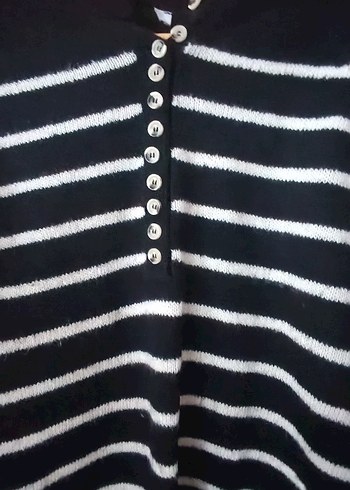 Düğmeli Çizgili Siyah Kadın Triko Kazak - Görsel 2