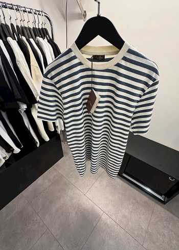 Loro Piana Erkek Gri Beyaz Çizgili Kısa Kollu Tişört - Görsel 5