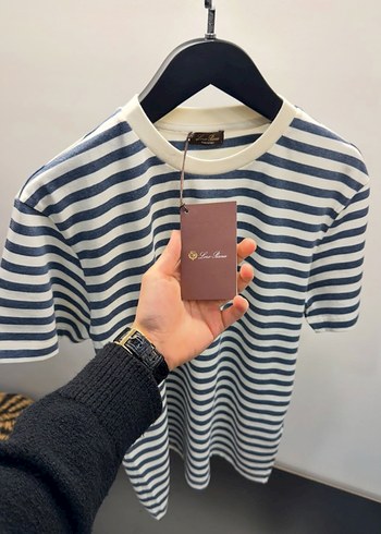 Loro Piana Erkek Gri Beyaz Çizgili Kısa Kollu Tişört - Görsel 4