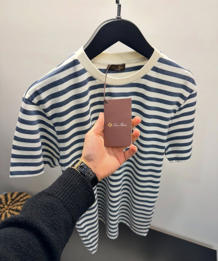 Loro Piana Erkek Gri Beyaz Çizgili Kısa Kollu Tişört - Görsel 4