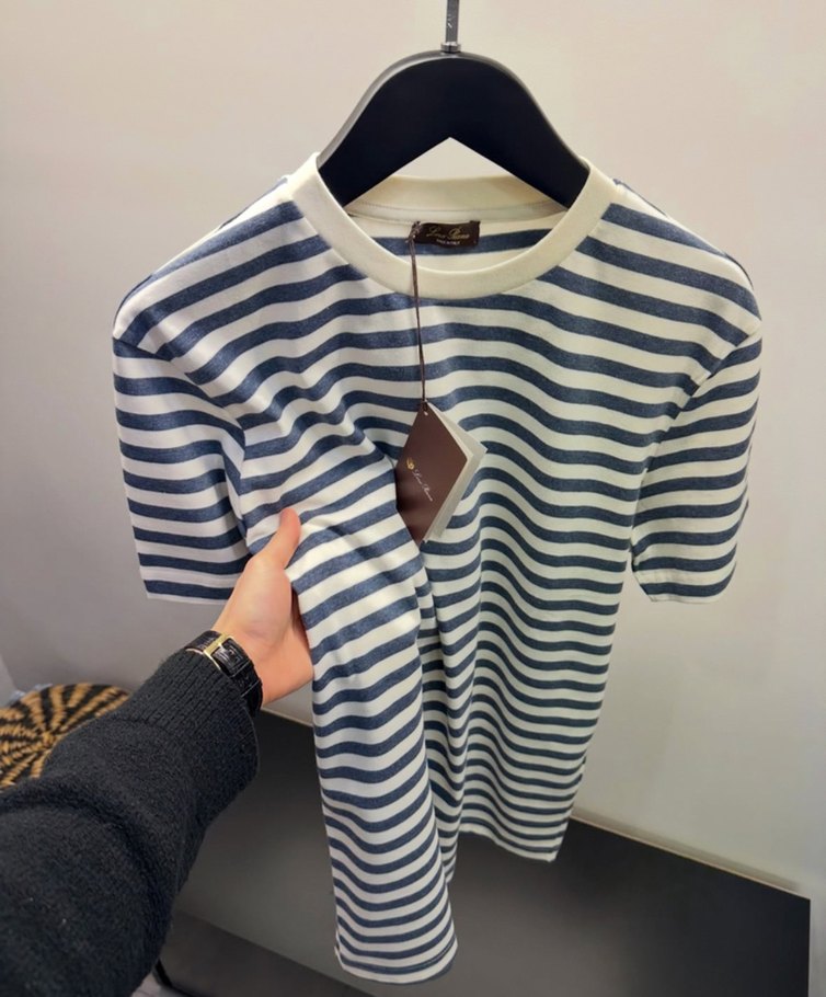 Loro Piana Erkek Gri Beyaz Çizgili Kısa Kollu Tişört - Görsel 3