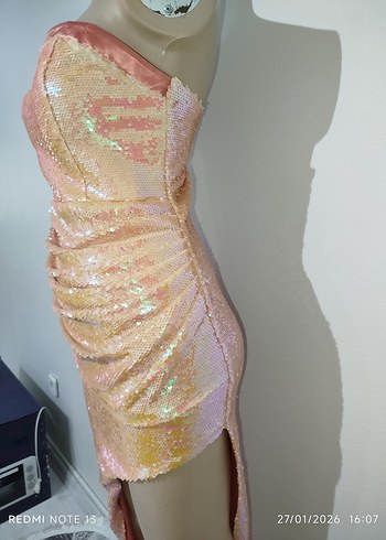 Pembe Drapeli Straplez Uzun Abiye Elbise - Görsel 15