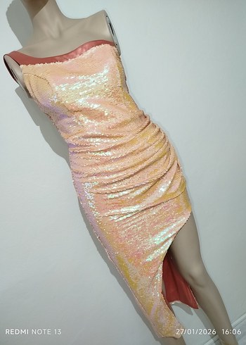 Pembe Drapeli Straplez Uzun Abiye Elbise - Görsel 2