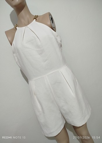 Beyaz Keten Mini Tulum - Görsel 2