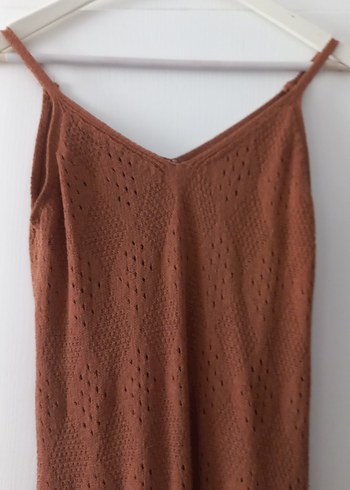 V Yaka Kahverengi Triko Uzun Elbise - Görsel 4