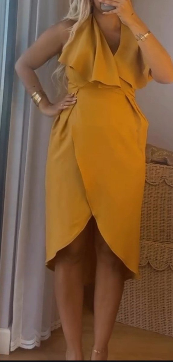 Hardal Drapeli V Yaka Midi Elbise - Görsel 2