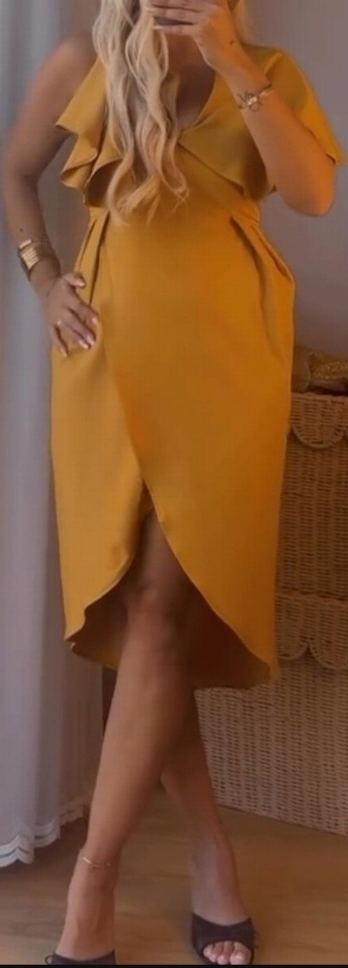 Hardal Drapeli V Yaka Midi Elbise - Görsel 3