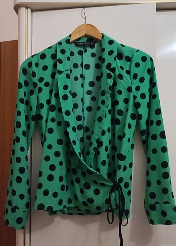 Zara Retro Yesil Siyah Puantiyeli Uzun Kollu Bluz
