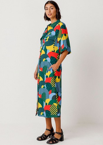 Renkli Desenli Uzun Retro Elbise - Görsel 3