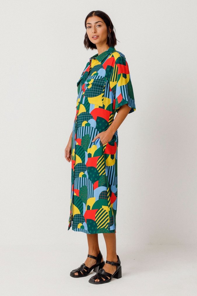 Renkli Desenli Uzun Retro Elbise - Görsel 3