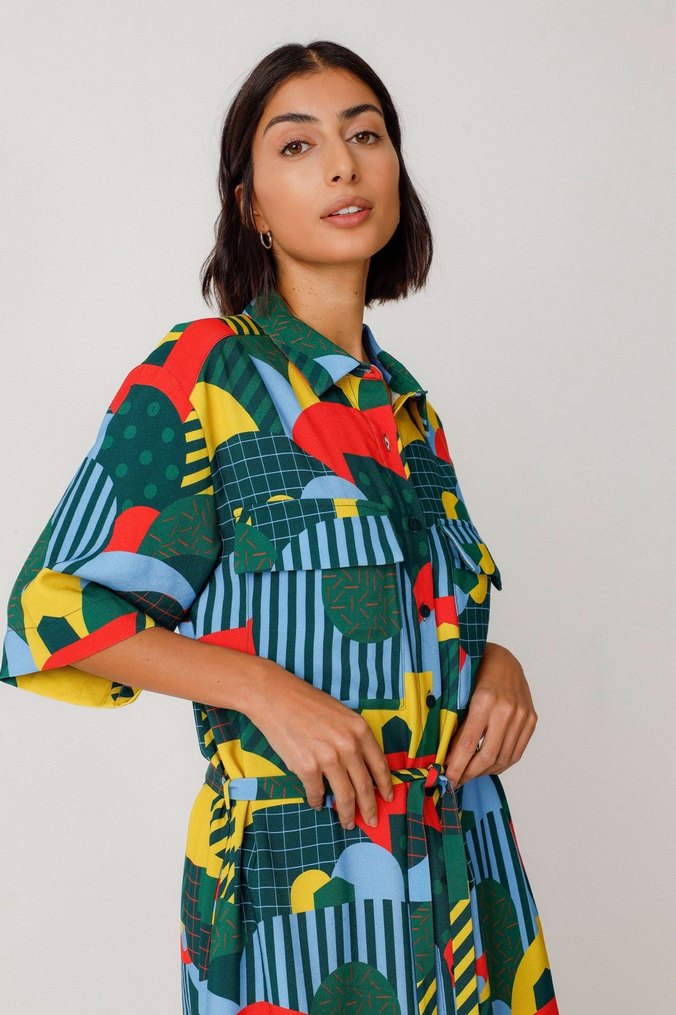 Renkli Desenli Uzun Retro Elbise - Görsel 2