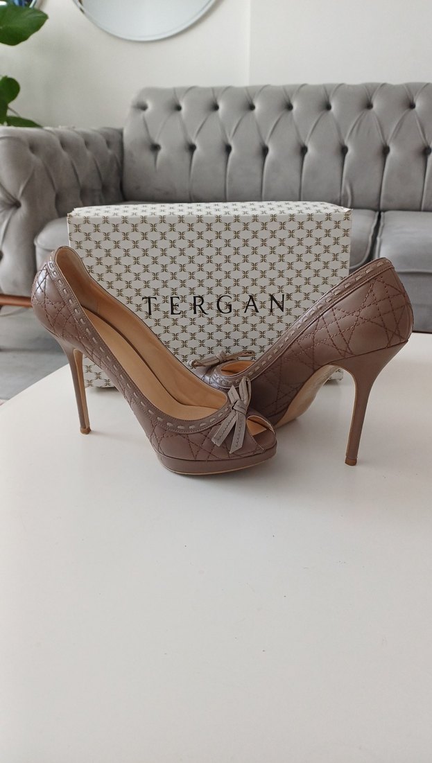 Bej dikiş Desenli Fiyonklu Platform topuk Tergan marka - Görsel 3