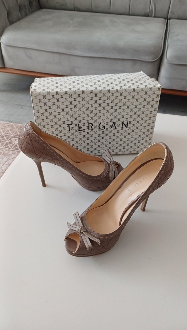 Bej dikiş Desenli Fiyonklu Platform topuk Tergan marka - Görsel 5