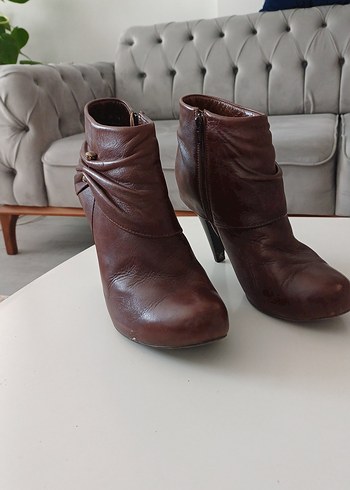 Tergan Kahverengi Deri Kadın Topuklu Bot