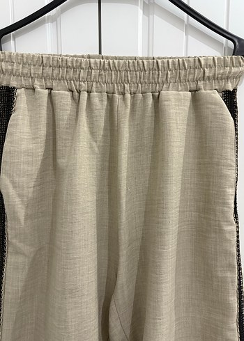 Kadın Bej Keten Kemerli Bol Paça Pantolon - Görsel 3