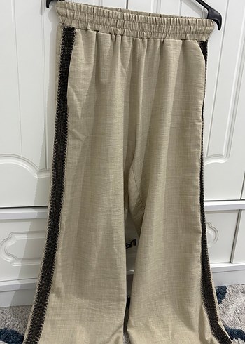Kadın Bej Keten Kemerli Bol Paça Pantolon - Görsel 2