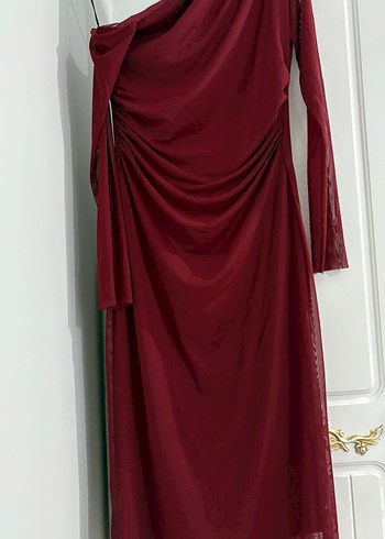 Bordo Drapeli Uzun Kollu Kadın Abiye Elbise - Görsel 3