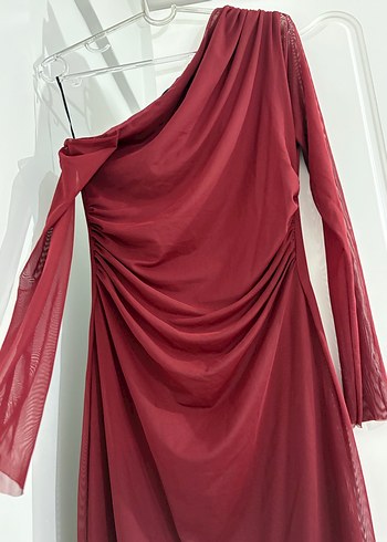 Bordo Drapeli Uzun Kollu Kadın Abiye Elbise - Görsel 2