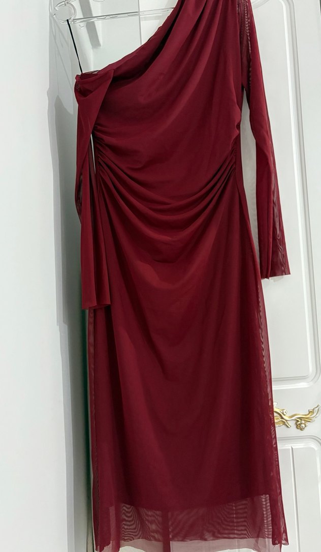 Bordo Drapeli Uzun Kollu Kadın Abiye Elbise - Görsel 3