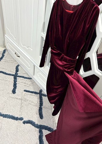 Bordo Uzun Kollu Drapeli Kadın Abiye Elbise - Görsel 3